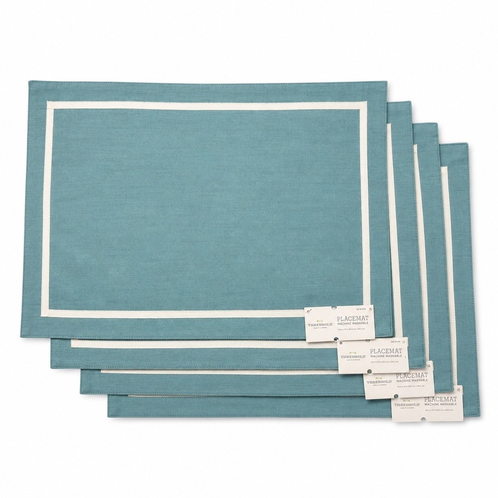 Threshold Teal Blue White Border Placemats Set of 4 Cotton Blend 14x19